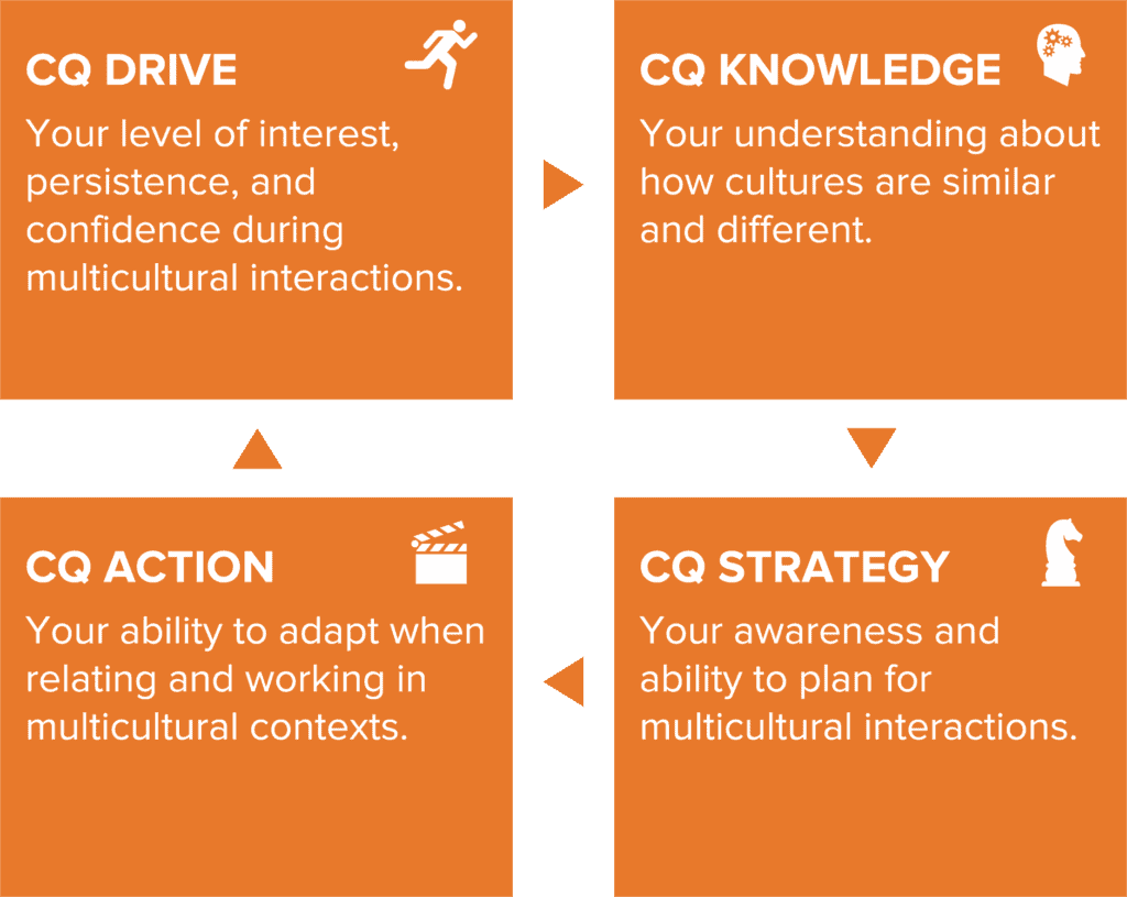 The 4 Capabilities of Cultural Intelligence CQ Drive—the curiosity and motivation needed to work well with others. CQ Knowledge—understanding the kinds of differences that describe one group versus the next, without resorting to stereotyping specific cultures. CQ Strategy—learning how to plan effectively in light of cultural differences. CQ Action—being able to adapt behavior when the situation requires it.