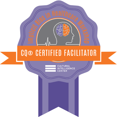CQ® Certified Facilitator badge for Implicit Bias in Healthcare Workshop, a purple seal with a brain graphic and an orange ribbon
