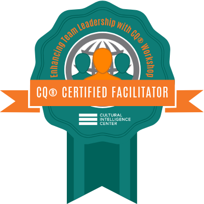 CQ Certified Facilitator badge with teal seal, orange ribbon, and globe graphic from the Cultural Intelligence Center.