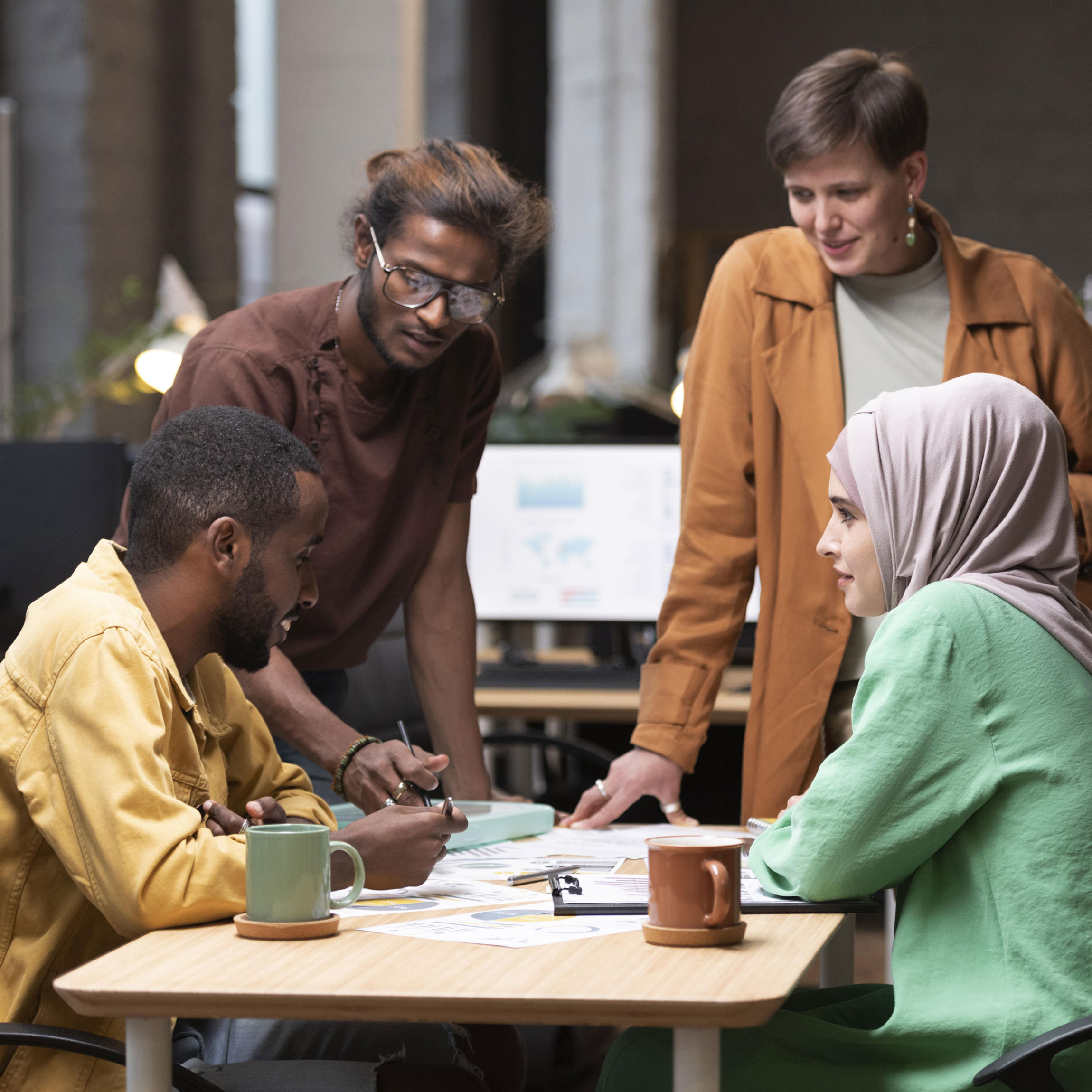 A multicultural team sitting around a table discussing a project