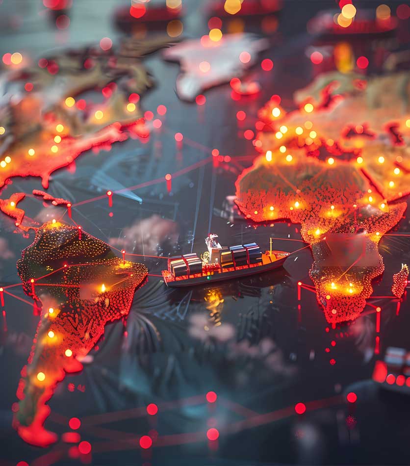 Global map visualization with glowing red network lines and a container ship in the foreground, representing international trade links.