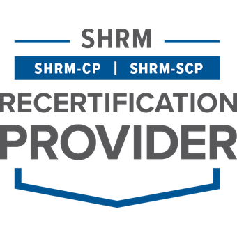 SHRM Recertification Provider badge with SHRM-CP | SHRM-SCP logos and blue chevron.