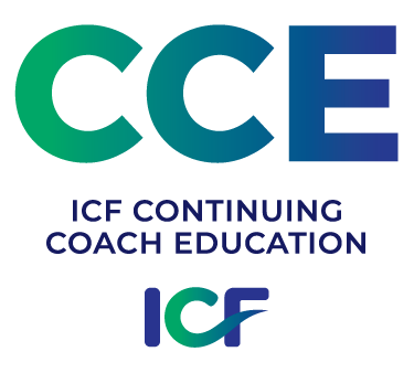 ICF Continuing Coach Education logo with a green-to-blue gradient bar, bold navy text, and an abstract blue-green symbol below.