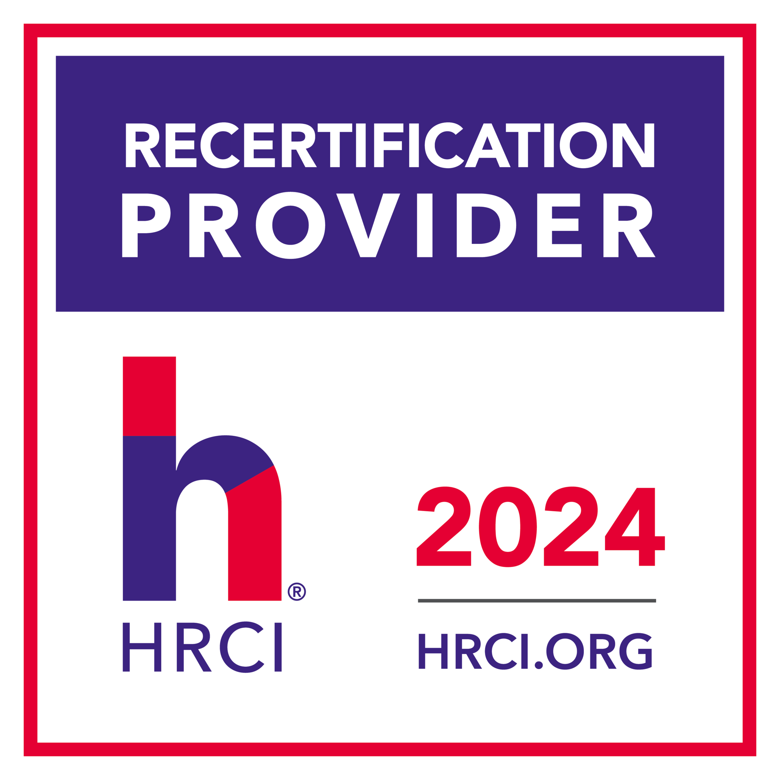 Poster-style graphic reading 'RECERTIFICATION PROVIDER' in white letters on a purple field, featuring HRCI branding and the year 2024 on red text.