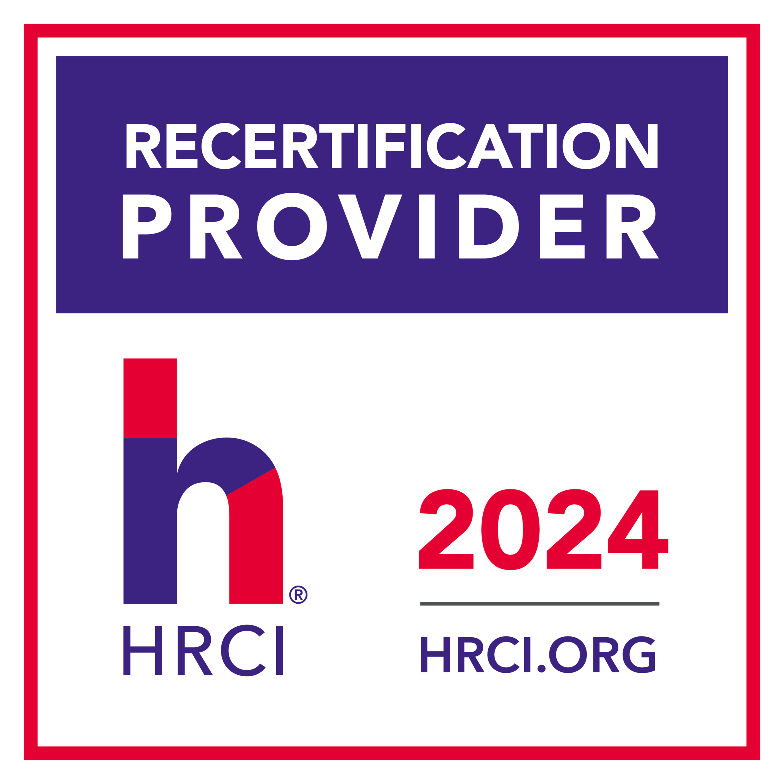 Poster announcing a recertification provider for 2024, with HRCI branding and purple/red design elements.