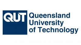 QUT logo: blue square with white 'QUT' monogram and text 'Queensland University of Technology' beside it.