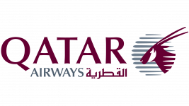 Qatar Airways logo: maroon wordmark with a stylized wing motif in gray to the right and Arabic text below.