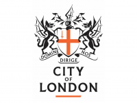 Coat of arms of the City of London: white shield with a red cross, flanked by black heraldic beasts, motto Domine Nos Dirige beneath, CITY OF LONDON text below