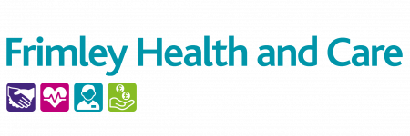 Frimley Health and Care logo with teal wordmark and four icons: handshake, heartbeat, clinician, and money-in-hand comments