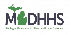 MDHHS logo showing dark navy letters 'MDHHS' with a green outline of Michigan and the green subtitle 'Michigan Department of Health & Human Services'