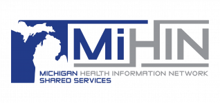 MiHIN logo featuring a blue map of Michigan on the left and the word 'MIHIN' in blue/gray with the subtitle 'Michigan Health Information Network Shared Services'