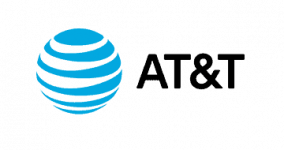 AT&T logo: blue globe icon on the left and bold AT&T text on a blue background.