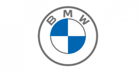 BMW logo: circular emblem with blue and white quadrants, grey ring, and the letters BMW around the top, on a blue background