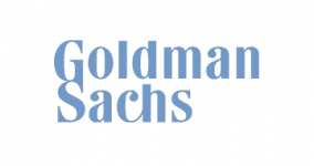 Goldman Sachs logo in light blue lettering on a medium blue background