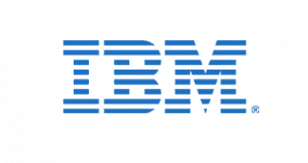IBM logo: blue striped letters on a navy background.