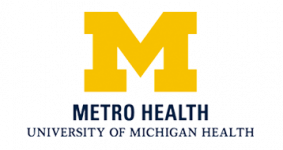 Logo featuring a large yellow block letter 'M' with the words 'Metro Health' and 'University of Michigan Health' below